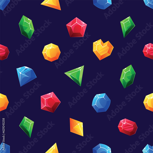 Seamless Pattern with Magic Crystals, Colorful Glass Or Gem Stones, Heart or Diamond Glowing Rocks, Crystalline Minerals