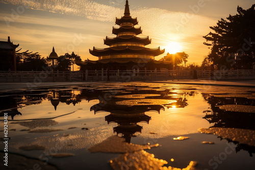 Golden Reflection: Sun's Glowing Embrace on China's Pagoda Roof