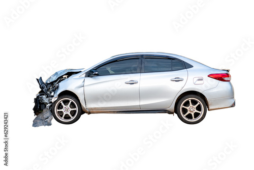 Full body side view of white car get damaged by accident on the road. damaged cars after collision. Isolated on transparent background   PNG File.
