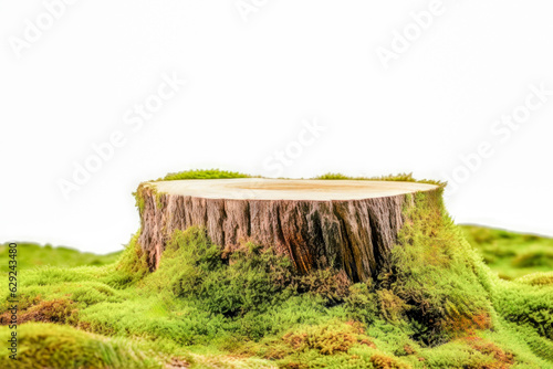 Wooden saw cut, round podium with green moss isolated on a white background. High quality photo