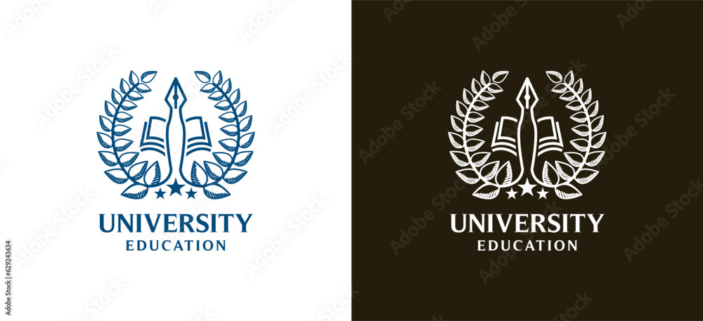 Higher education university emblem logo design using pen and book symbol line art style
