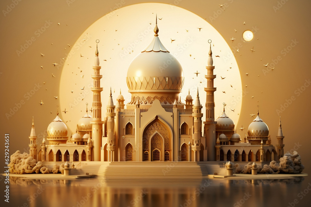 Fototapeta premium Golden Reflections: Illuminated 3D Mosque with Celestial Accents