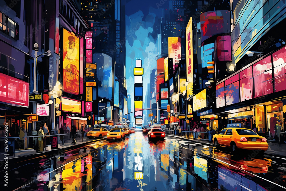 Vibrant City Nights: A Pop Art-inspired New York Print Poster