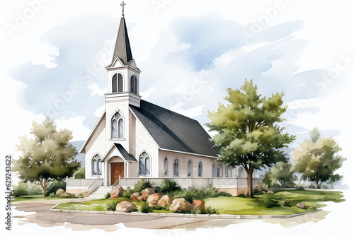 Fotografia Serene Road to Faith - Tranquil Watercolor Illustration of a Church Chapel