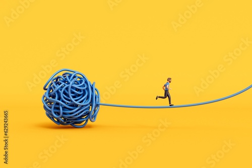 A man stood on a tangled ball of string. Overcoming stress and mental health. 3D Rendering photo