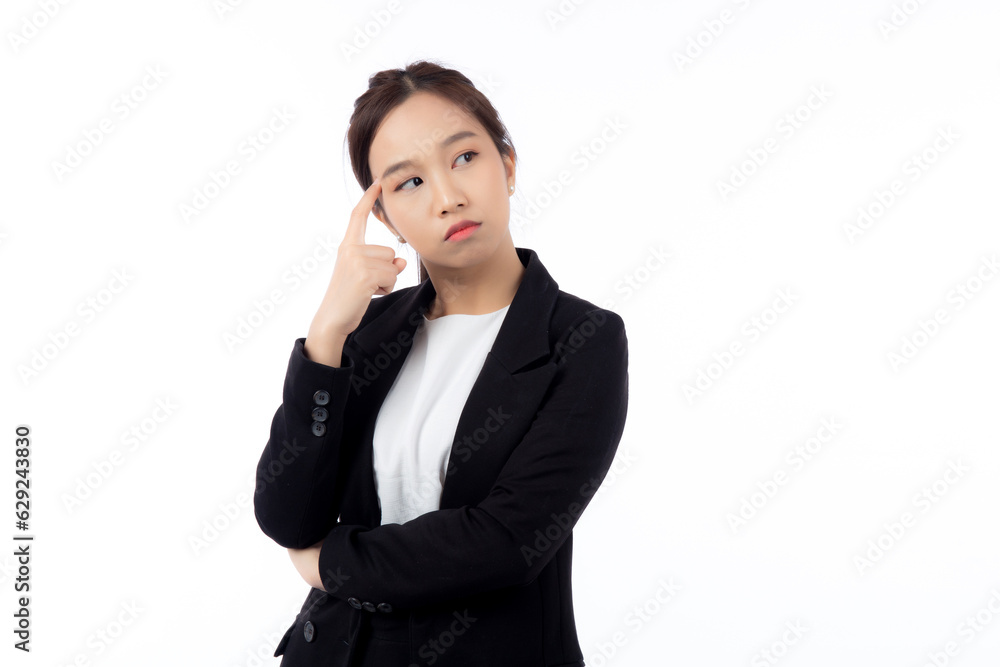 Portrait beautiful young asian businesswoman standing thinking idea with doubt for planning while serious isolated white background, business woman decision for choice with expression confused. Portrait beautiful young asian businesswoman standing thinking idea with doubt for planning while serious isolated white background, business woman decision for choice with expression confused.