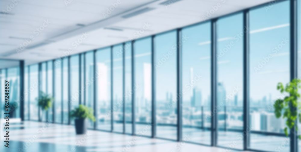 blurred background of a light modern office interior with panoramic windows and beautiful lighting.