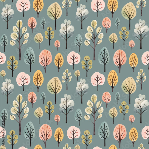 Cute watercolor trees seamless pattern. Scandinavian autumn trees seamless vector background