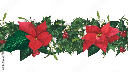 Seamless Border garland with Christmas holly leaves berries, poinsettia, mistletoe isolated on white background. Watercolor hand drawn borders. Illustration for design decoration, greeting card