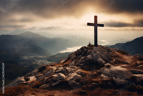 Easter Resurrection: Mountain Cross Symbolizing Christian Faith and Belief