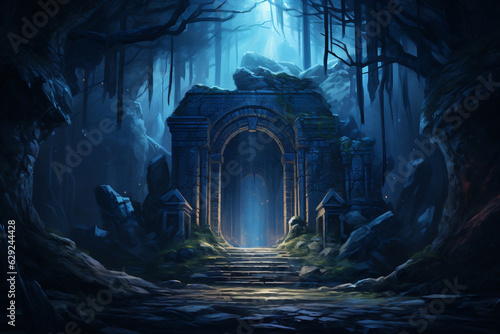 Enchanting Entryway: Illuminated stone pillars amidst a mystical forest clearing at night © ELmidoi-AI