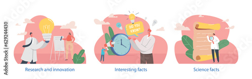 Isolated Elements With Characters Perform Interesting Facts. Concrete Verifiable Information Cartoon Vector Illustration