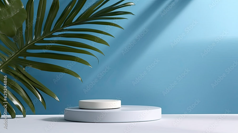 Advertising, Minimal abstract blue, white background for the presentation of a cosmetic product. Premium podium with a shadow of tropical palm leaves on a blue wall and white table. Generative Ai Advertising, Minimal abstract blue, white background for the presentation of a cosmetic product. Premium podium with a shadow of tropical palm leaves on a blue wall and white table. Generative Ai