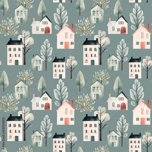 Scandinavian buildings seamless pattern. Cute watercolor houses and trees. Trendy scandi vector background