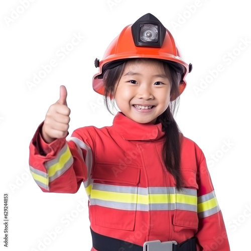 front view close up of a Asian girl model dressed in Firefighter costume with thumbs up isolated on a transparent white background