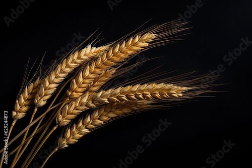 Isolated wheat ears on dark background, showcasing whole grains for illustrative purposes. Generative AI