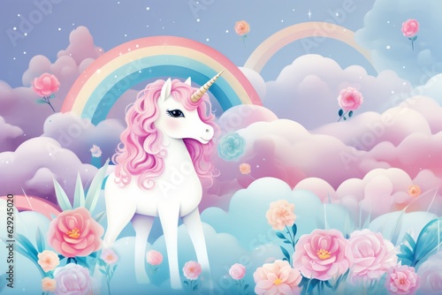 Illustration of a majestic unicorn in a colorful field of blooming flowers created with Generative AI technology