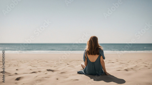 Woman sitting on sandy sunny beach