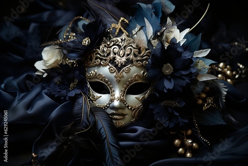 Carnival mask decorated with gold, precious stones and flowers. Illustration, Generative AI