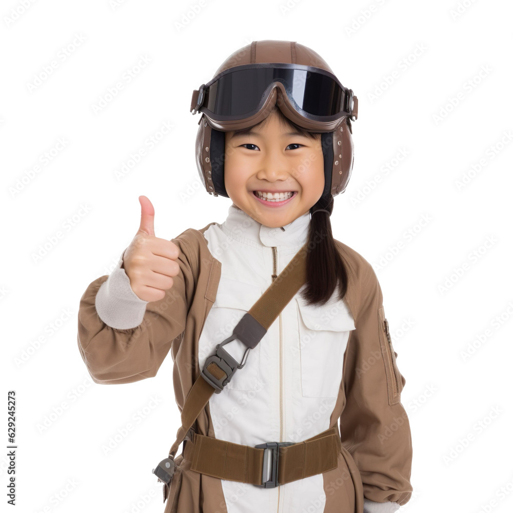 front view close up of a Asian girl model dressed in Pilot costume with thumbs up isolated on a transparent white background front view close up of a Asian girl model dressed in Pilot costume with thumbs up isolated on a transparent white background
