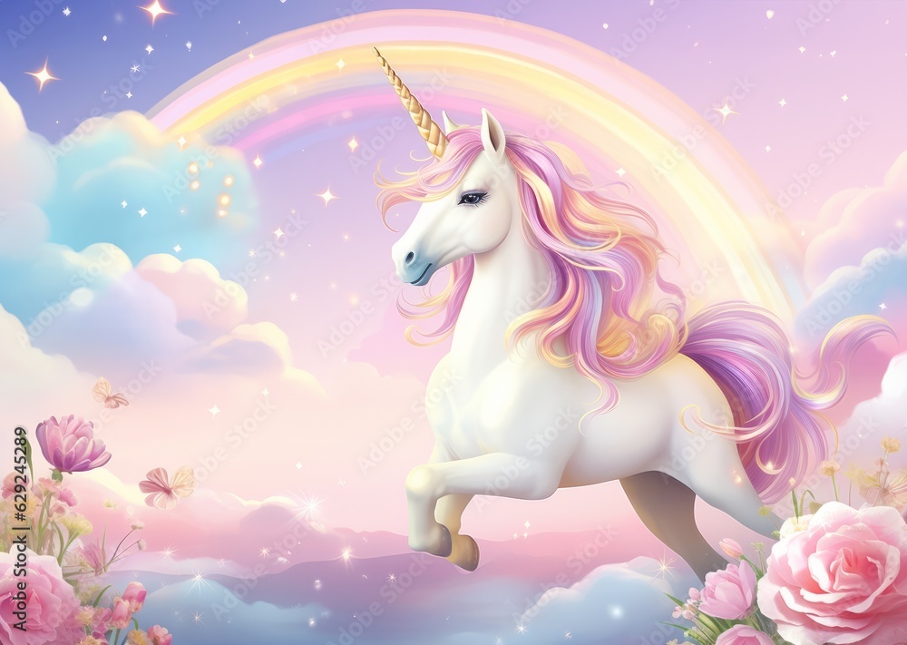 Illustration of a colorful painting of a majestic unicorn against a vibrant rainbow backdrop created with Generative AI technology - obrazy, fototapety, plakaty 