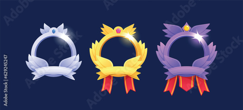 Silver, Gold And Platinum Game Avatar Frames, Rank Award Badges, Level Ui Icons. Empty Banners With Red Ribbons And Gems