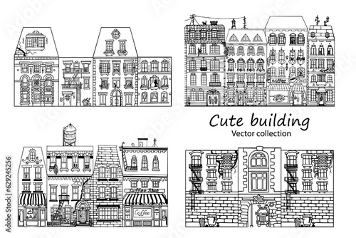 Hand drawn funny sketch set cityscape with apartment house. Vector illustration.
Doodle of city buildings. Monochrome house. Picture for decoration and coloring. Children's wallpaper. Ancient style.