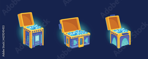 Future Technology Chests. Closed And Open Futuristic Boxes Game Icons. Sci-fi Equipment, Loot Boxes With Electronic Lock