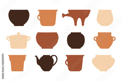 Natural ancient vases and jugs set. Vector pottery icons for design. Ceramic pot set. Vector illustration for liquids of various shapes. Design elements for poster, logo, print