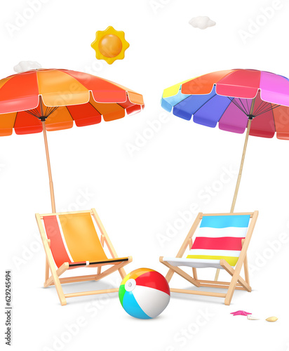 3D Rendering Beach Umbrellas, Beach Chairs And Beach Ball Isolated On Transparent Background, PNG File Add