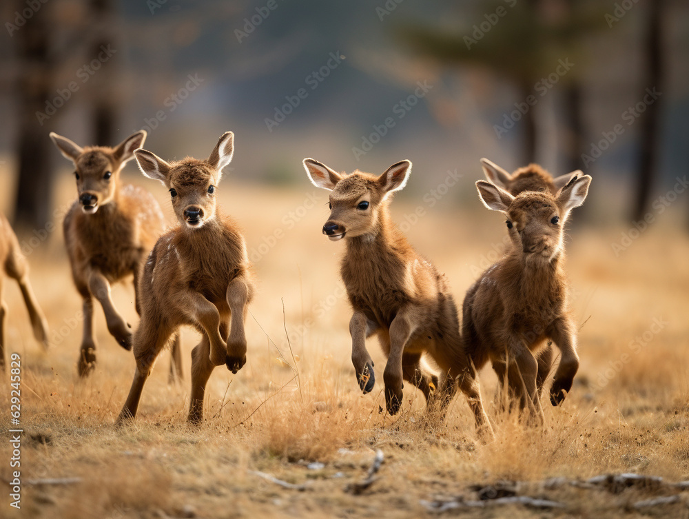 Several Baby Elk Playing Together in Nature Several Baby Elk Playing Together in Nature