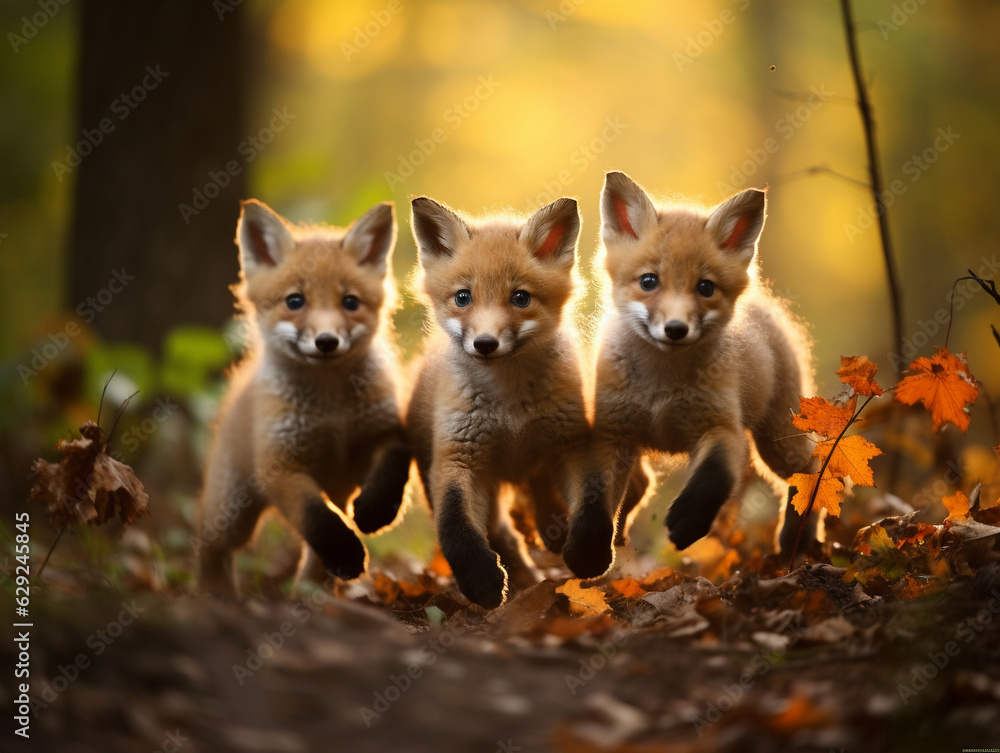Several Baby Foxes Playing Together in Nature
