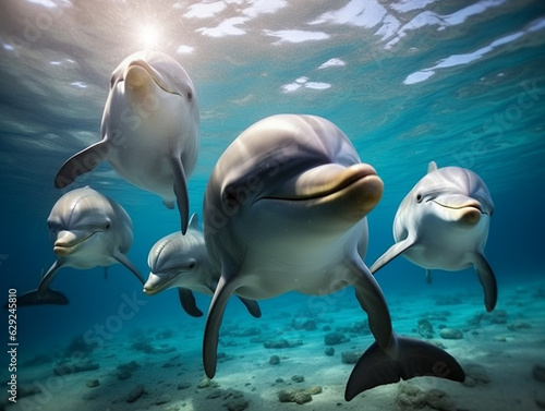 Several Baby Dolphins Playing Together in Nature