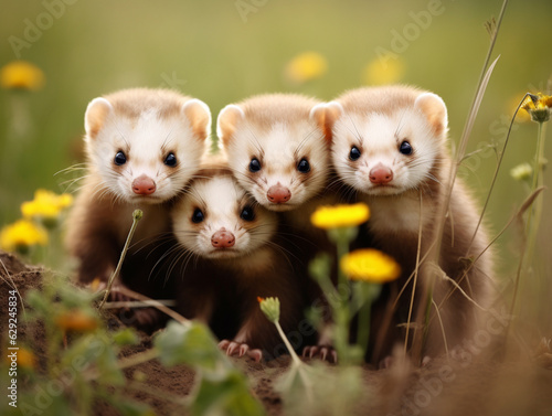 Several Baby Ferrets Playing Together in Nature