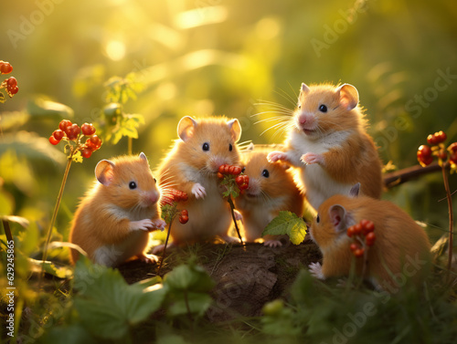 Several Baby Hamsters Playing Together in Nature
