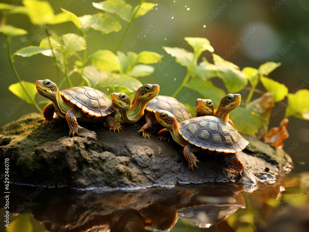 Obraz premium Several Baby Turtles Playing Together in Nature