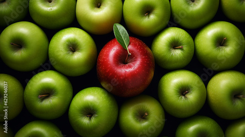 Amidst green apples, the red one exemplifies the business concept of standing out for selection, symbolizing uniqueness and desirability photo