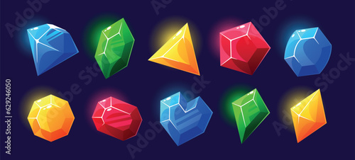 Magic Crystals, Colorful Glass Or Gem Stones, Heart And Diamond, Faceted Glowing Rocks, Isolated Crystalline Minerals