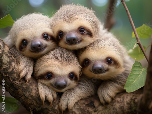 Several Baby Sloths Playing Together in Nature