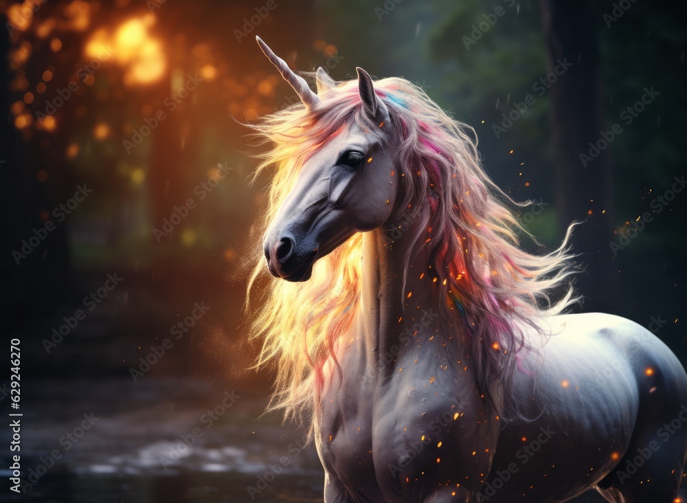 Illustration of a majestic white unicorn with a pink mane standing gracefully in a mystical forest created with Generative AI technology