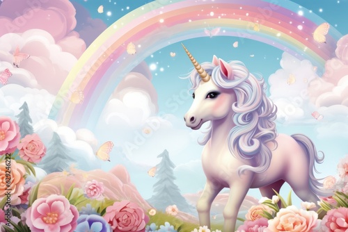 Illustration of a majestic unicorn in a colorful field with a vibrant rainbow in the background created with Generative AI technology