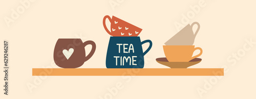 Oriental tea time with diferent color cups. Cozy cups on the shelf isolated on a light background. Side view. Vector illustration (ID: 629246287)