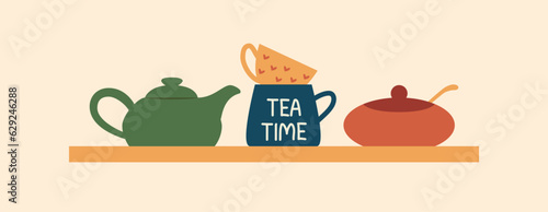 Tea or coffee Cups, teapot and Sugar on a Shelf. Flat design. Kitchen utensils іsolated on a light background. Side view. Vector illustration (ID: 629246288)