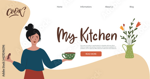 A young woman drinks coffee with cookies in the kitchen site banner. Cozy cooking landing page banner template for website and mobile app development. Сoncept for cooking school, master class, cooking (ID: 629246296)