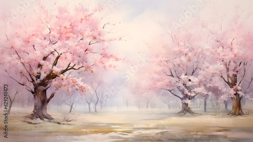 watercolor cherry blossom landscape Generative AI