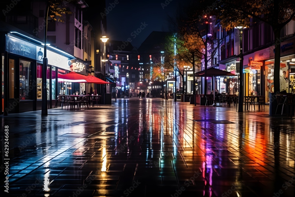 Night street of a small town with colorful neon lighting