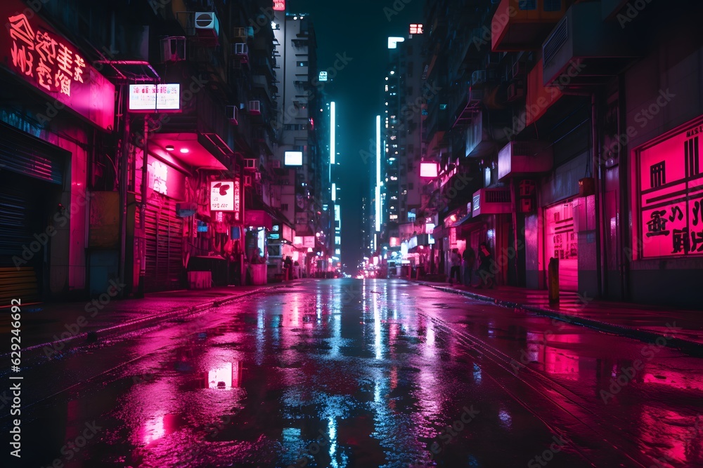 Night street of a town with colorful neon lighting