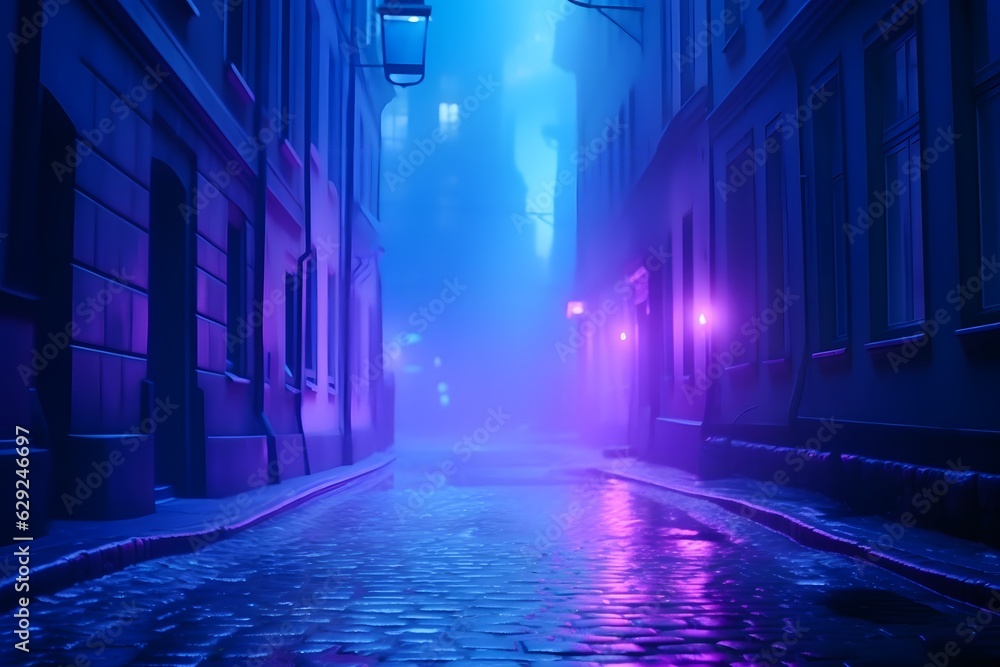 Quiet night street of a small town with pink neon lighting Quiet night street of a small town with pink neon lighting