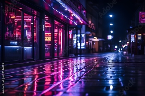 Night street of a small town with pink and blue neon lighting