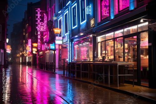 Night street of a small town with colorful neon lighting